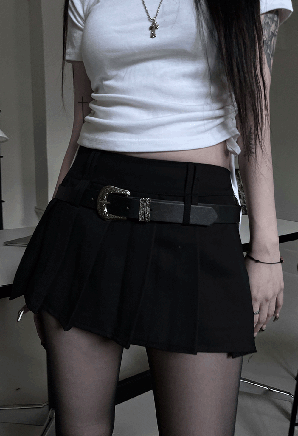 [set] western belt frill mini skirt